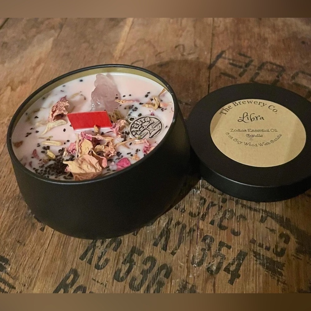 Libra Zodiac Soy Wood Wick Candle with Crystal, Herbs and Essential Oils 8 oz